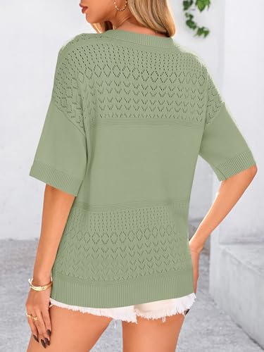 PRETTYGARDEN Women's Short Sleeve Sweater Tops 2025 Spring Summer Casual V Neck Ribbed Knit Trendy Eyelet Blouse T Shirts2