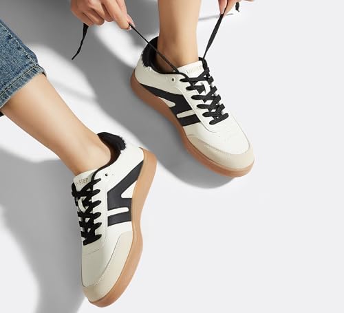 Image of LUCKY STEP Women Retro Gum Sole Fashion Sneakers | Genuine Leather Classic Tennis Skate Walking Shoes Anti Slip Trainers