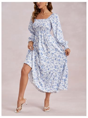 Image of MakeMeChic Women's Floral Lantern Long Sleeve Dress Square Neck Ruffle Hem Dresses Shirred A Line Vacation Dresses Blue and White X-Small
