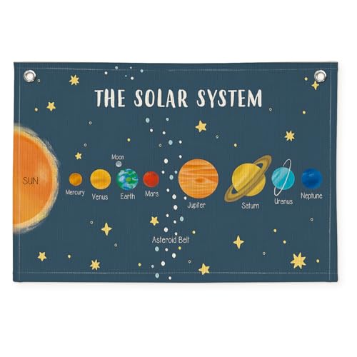 Image of Wheatwin Solar System for Kids, Space Nursery Decor, Space Themed Room Decor, Solar System Linen Canvas Banner Wall Hanging Flag Decor for Playroom 20x30