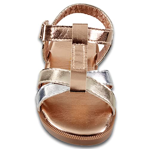 Image of Lucky Brand Girl's Evie Sandal - T Strap Strapped Leatherette Metallic Sandals (Little Kid)