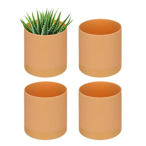 PATIKIL Macetas de plástico de 10 cm, paquete de 4 macetas pequeñas con agujeros de drenaje y platillo para decoración del hogar, plantas de interior, color naranja