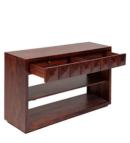 Image of Solid Sheesham Wood Console Table for Living Room | Wooden Side Entrance Fish Tank Table with 2 Shelves & 2 Drawers Storage | Rosewood Mahogany Finish