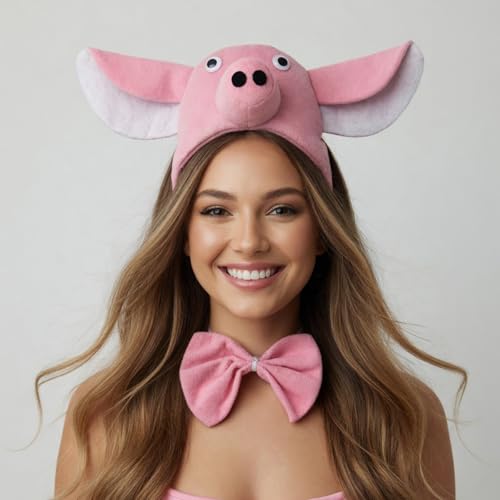 Image of Pink Pig Headband with Bow and Tail Costume Set, Halloween Animal Ears Costume Dress Up Suit, Cosplay Party Supplies for Adult