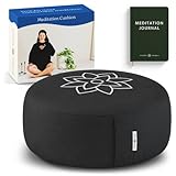 Mindful and Modern Large Meditation Cushion Pillow - Zafu Yoga Bolster Meditation Pillows For Sitting On Floor - Buckwheat Hull Filled Round Cushion with Removable Cover + Carry Handle (Minimal Black)