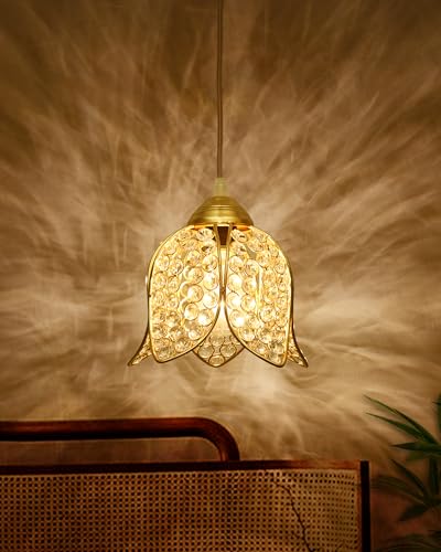 Image of Homesake Crystal Pendant Light | Modern LED Ceiling Fixture | Chandelier Style | Warm White | Stylish Interior Lighting | Living Room, Bedroom, Dining Room Light | Contemporary Home Decor (Golden)