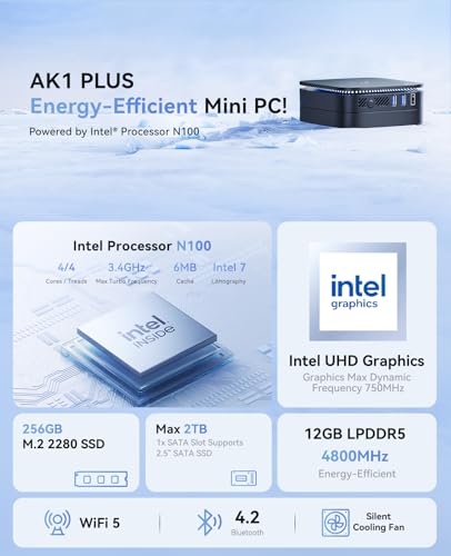 Image of KAMRUI AK1PLUS Mini Computer, 12GB LPDDR5 256GB M.2 SSD, Intel Processor N100 (Up to 3.4GHz), Mini Desktop Computer Support 4K Dual Display, WiFi 5, BT 4.2, Gigabit Ethernet, Business Office PC