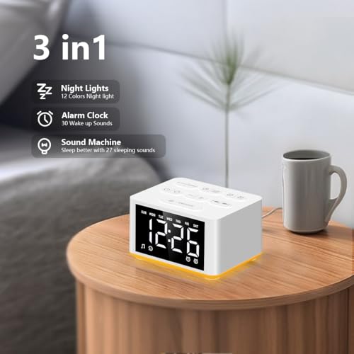 Image of 3-in-1 Sound Machine White Noise Machine Dual Alarms 12 Color Night Lights 30 Soothing Sounds 15 Wake Up Sounds 32 Volume for Baby Adults Kids Sleep Timer Memory Function Backup Battery Alarm Clock