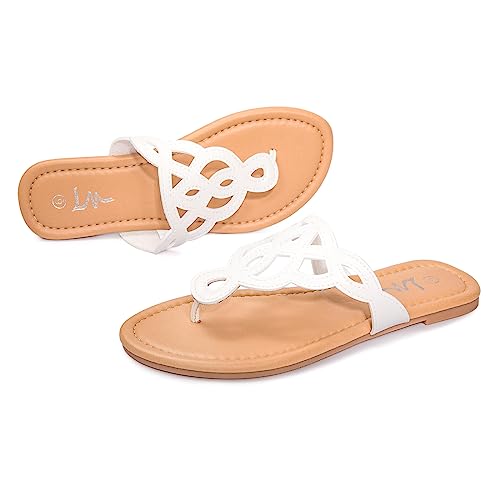 Image of LM Women's Thong Sandals T-Strap Sandals Slip On Flat Sandals Flip Flop Casual Summer Slide Sandals