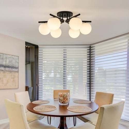 Image of 6-Light Sputnik Ceiling Light Fixture, Semi Flush Mount Ceiling Light with Milk Glass Globes, Black Mid Century Modern Chandelier for Living Room Bedroom Dining Room Hallway