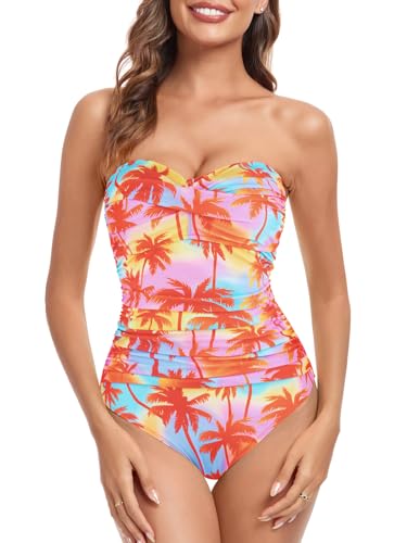 RELLECIGA Women's Tummy Control One Piece Swimsuit Bandeau Strapless Bathing Suits