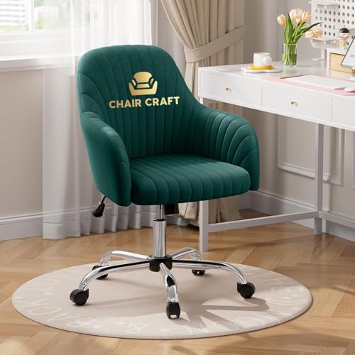 Image of Velvet Desk Chair for Home Office, Adjustable Swivel Task Chair Modern Computer Vanity Chairs with Arm Rest for Bedroom Living Room Make-up Room (Green)