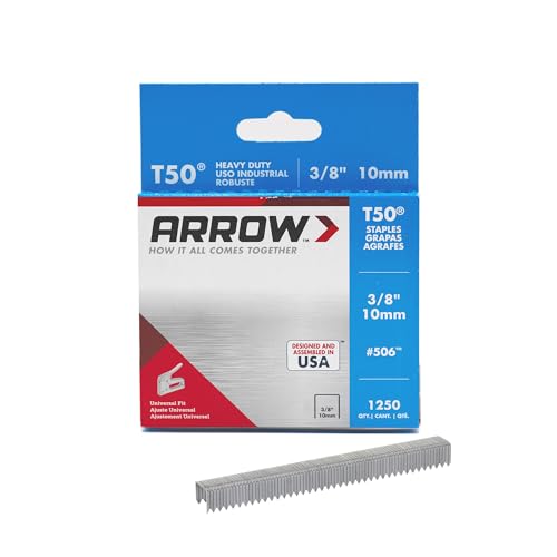 Arrow 506 T50 Heavy Duty Staples, 3/8-Inch Leg Length, 3/8-Inch Crown Width Staples for Upholstery, Construction, Furniture, Crafts, 1250-Pack