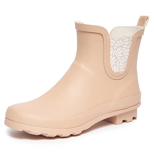 Laura Ashley Ladies Mid Cut Ankle Height Rubber Snow and Rain Boots, Tan Blossom, 10
