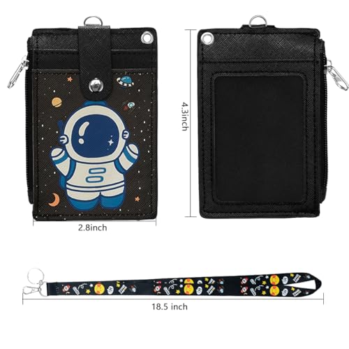 Image of ID Badge Holder with Lanyard,Cute Astronaut Work Badge with Zippered Pocket,Functional 2-Sided ID Card Wallet with 3 Slots and Detachable Keychain for Teacher Student Nurse and Office Staff