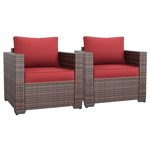 Image of Amopatio Wicker Outdoor Sofa Single Armrest Chair 2 Pack, High Back Waterproof Patio Furniture with Non-Slip Cushions, Outdoor Furniture Cover, Burgundy