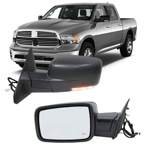 MOFOAP Driver Side Mirror Compatible with 2013-2018 Dodge Ram 1500 2500 3500 Mirrors with Heated Puddle Lamp Temperature Sensor Tuning LED Signal Power Fold Textured Black(10+2Pins)