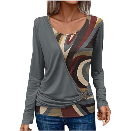 Camiseta gola redonda feminina outono verão color block geometria elegante franzido blusas femininas