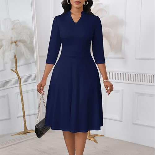 Image of PinkPatty Women's Casual A-line Midi Dresses 3 /4 Sleeve V Neck Fit and Flare Dress with Pockets