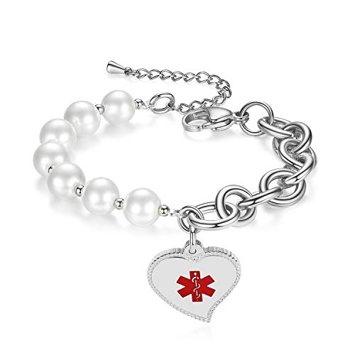 mnmoom Elegant Imitation Pearl Beaded with Heart Medical Alert Charm Medical id Bracelets for Women Type 2 Diabetes Bracelet