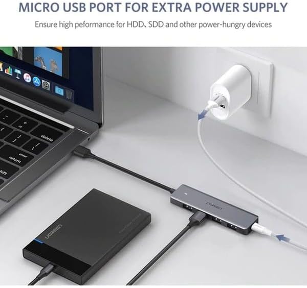 UGREEN 4-Port USB 3.0 Hub with Micro USB power input connected