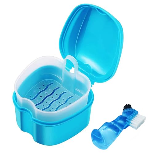 Keedolla Denture Cup Orthodontic Retainer Case, Denture Bath Box Dental Mouthguard Case Cleaning with Brush, Strainer Basket and Lid Waterproof - Blue