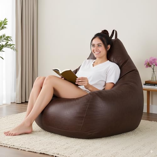 Image of 5XL Premium Leatherette Bean Bag with Rectangular Footrest & Cushion | High Density EPS Beans Filled | Teardrop Shape with Handle | 6 Months Warranty (Brown, 5XL Single, Solid)