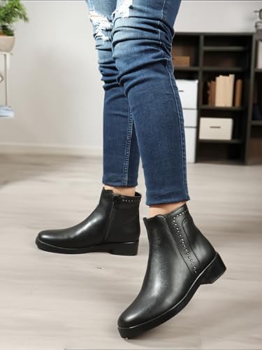 Image of ELLE Women Studded Low Block Heel Ankle Boots with Side Zipper