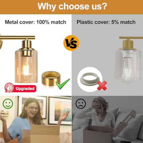 Image of Zarbitta 3-Light Bathroom Light Fixtures, Brushed Gold Vanity Light, Farmhouse Wall Lights with Amber Glass Shades, Bathroom Wall Lamp for Mirror Kitchen Bedroom Hallway Living Room