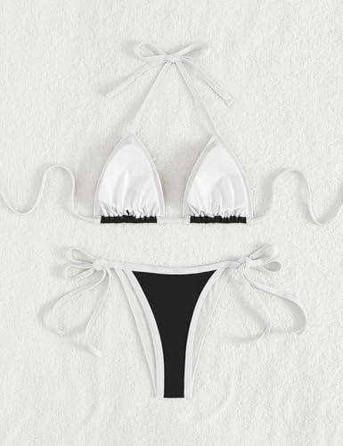 Image of Tainehs Women's Sexy Halter Thong Bikini Tie Two Sides Bottom Triangle Bikini Swimsuits