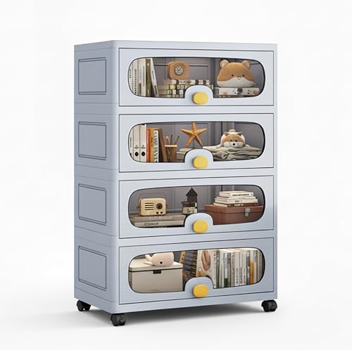 Image of House of Quirk 4-Layer Stackable Collapsible Storage Box Cabinet with Wheels & Flip Doors - 50cm Plastic Storage Box for Home, Kitchen, Closet & Toy Organization (Grey)