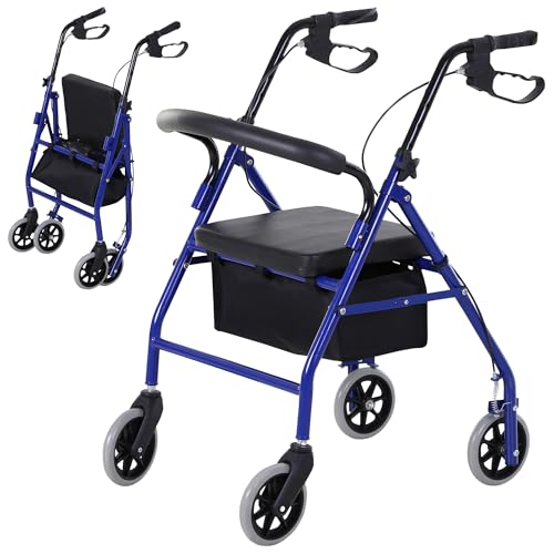 HOMCOM Déambulateur 4 roues - déambulateur pliable léger - assise + dossier rembourré - poignées ergonomiques, freins à main - panier rangement - métal bleu