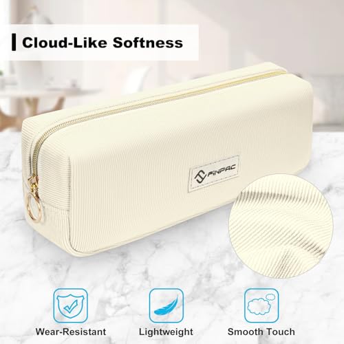 Image of FINPAC Pencil Case, Corduroy Aesthetic Makeup Bag, Cute Kawaii Pen Bag Pouch Holder Box Organize for Study, Office, or Travel (Beige)