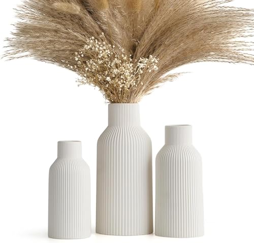 Image of SPHINX Ribbed Pipe Ceramic Vase, Flower Vase, Pampas Grass Vase, Vase for Money Plant Live Plants for Home, Office, or Gifts NO Flowers- (LN-White 9 Inch)