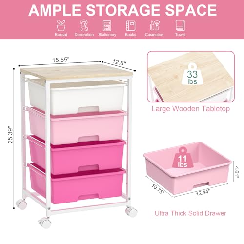 Image of SYKIARIOL Rolling Cart with Drawers, 4-Drawer Utility Cart, Pink