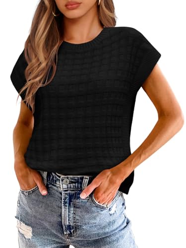 Saodimallsu Womens Cap Sleeve Sweater Tops Casual Crew Neck Sleeveless Loose Knit Summer Lightweight Pullover Top