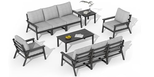 Image of LOUNZY HDPE Patio Furniture Set, 10 Pieces Sectional Outdoor Furniture Set, All Weather Outdoor Couch Set Patio Conversation Set for Deck, Lawn, Black