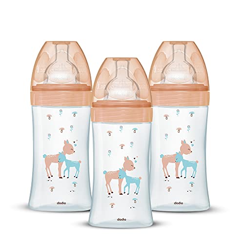 Dodie Lot de 3 Biberons Anti-Colique Sensation+ en verre, 270mL,0-6 Mois, tétine plate, Débit 2