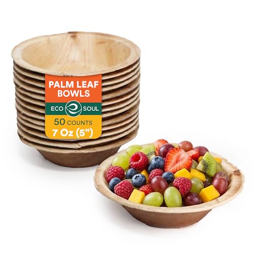 ECO SOUL Disposable Palm Leaf Bowls Like Bamboo 7 Oz Round 50 Pack Heavy Duty Natural Biodegradable and Compostable Tableware Serving for Party Catering BBQ Picnic