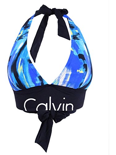 Calvin Klein Women's Printed Halter Bikini Top Swimwear, Blue Multi, Medium