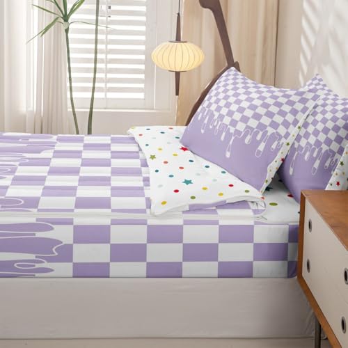 Image of Lavender Checkered Zipper Bedding Set Queen Zip Up Bedding Checkerboard Drip Comforter Set with Sheets,Indie Aesthetic Modern Geometric Bed in a Bag Bed Sets with 2 Pillowcases Y2K Room Decor
