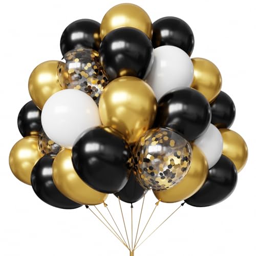 YMSZ Lot de 67 ballons noirs et dorés de 30,5 cm avec confettis noirs, blancs et dorés pour anniversaire, Nouvel An, remise de diplôme