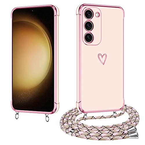 E-Lush Coque pour Samsung Galaxy S23 Plus 5G/ 4G avec Cordon, Coque pour Samsung S23 Plus Silicone avec Motif Coeur d'amour Mignon Étui Housse Antichoc avec Collier Réglable Lanyard Case, Or Rose