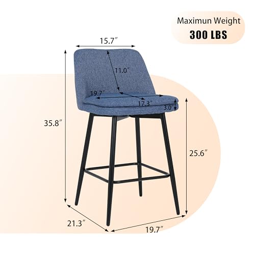 Butacos de altura para barra NewCosmos, juego de 2, giratorios 360°, con respaldo y patas metálicas, altura de asiento 25,6 pulgadas, para isla de cocina y pub, tapizados en tela de lino azul miniatura 2