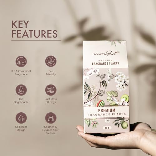 Image of Aromahpure Premium Car Perfume Fragrance Flakes - Bliss - Floral Lilly, Luxury Car Air Freshener made Organically with Essential Oil, Grains, and Flakes - 50Gm, Last Upto 30 days, IFRA certified