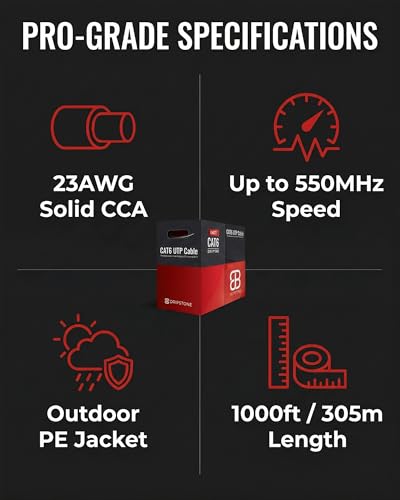 Image of Dripstone 1000ft CAT6 Outdoor Direct Burial Solid Cable 23AWG Waterproof Wire HDPE Insulated Polyethylene (PE) for Indoor /Outdoor Easy Pull Box