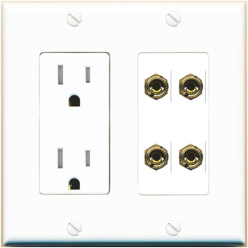 RiteAV 4 Banana 2 Speaker Surround Female Coupler Binding Post Wall Plate - Tamper-Resistant Outlet [Red/White]