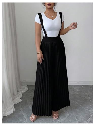 Floerns Women's Suspender Pants Elastic Waist Pleated Wide Leg Overall Jumpsuit4