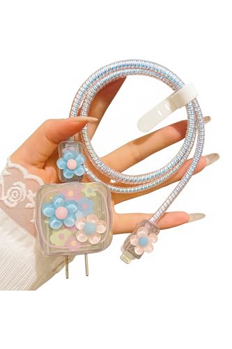 Image of Dezet for iPhone Charger 18-20W Cute Cartoon Charging Cable Protector Set for iPhone Fast Charging USB Cable with Protective Silicone Cover & Organizer Clip Stylish Design (3D-MULTI-FLOWER)