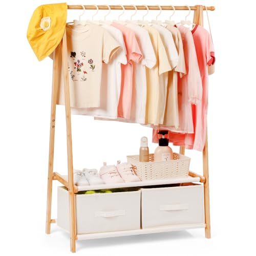 Relquorax Perchero de bambú para niños, 2 cajas y 2 estantes, barra para colgar ropa, habitación de los niños, color natural